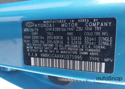 2019 Hyundai Kona Se from USA, damaged, VIN KM8K1CAAXKU371995